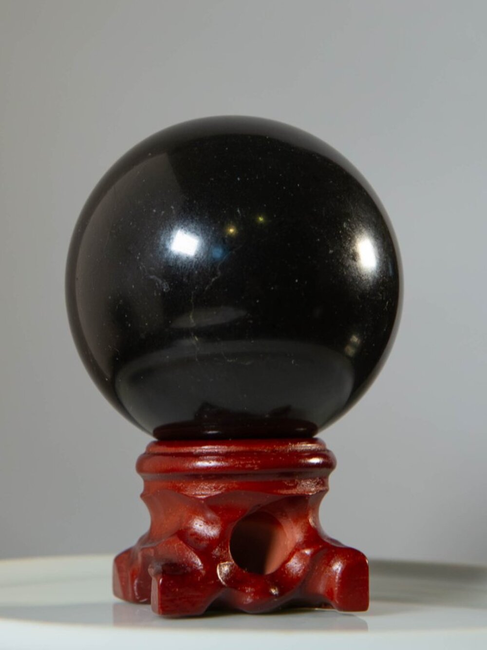 Natural Black Obsidian Crystal Sphere 2" w/ Wooden Stand - Picture 2 of 6